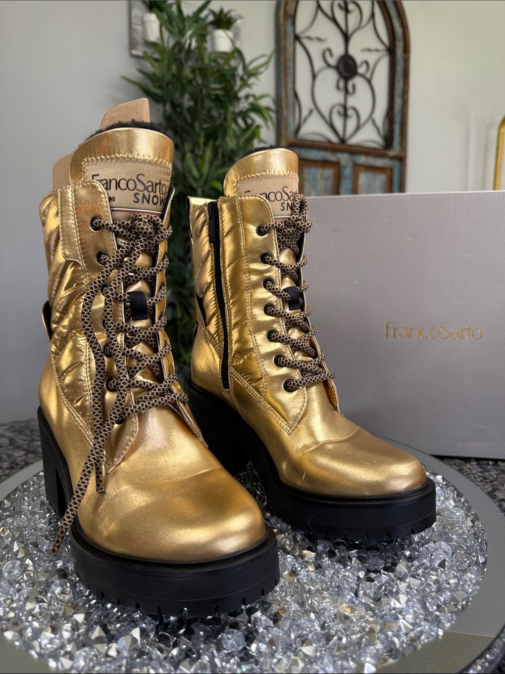 Franco Sarto Metallic Gold quilted Lace-Up Combat Boots NEW 6
